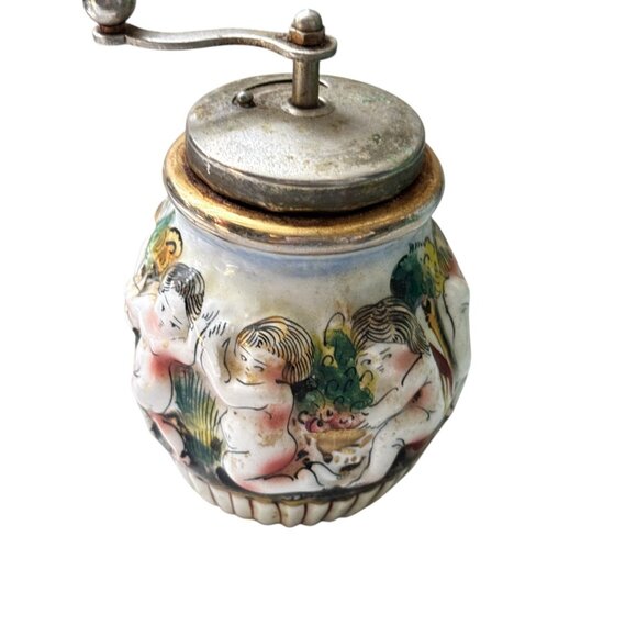 Vintage Capodimonte Cherub Peppermill Grinder Hand Painted Metal Crank Mill - Picture 1 of 9